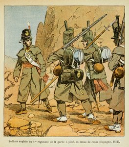 Illustrasjon av bombet Louis (1862-1927) fra boken "The Memorial of Saint Helene" av grev Emmanuel de Las Cases (1766-1842): Engelske soldater fra 1st regiment of the Guard in a roadstand (Spania 1814), Privat samling av Louis Charles Bombled