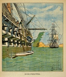 Illustrasjon av bombet Louis (1862-1927) fra boken "The Memorial of Saint Helene" av grev Emmanuel de Las Cases (1766-1842): Ankomst av Napoleon til Sainte Helene 15. oktober av Louis Charles Bombled