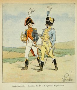 Illustrasjon av bombet Louis (1862-1927) fra boken "The Memorial of Saint Helene" av grev Emmanuel de Las Cases (1766-1842): Imperial Guard: Musicians of the 1st and 2nd regiments of grenadiers, Private Collection av Louis Charles Bombled