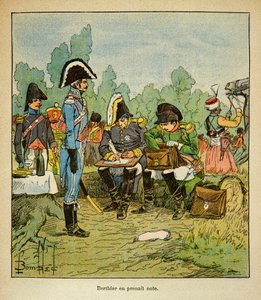 Illustrasjon av bombet Louis (1862-1927) fra boken "The Memorial of Saint Helene" av grev Emmanuel de Las Cases (1766-1842): Marechal Louis Alexandre Berthier (1753-1815) noterer ordrene til Napoleon, Collection Partial av Louis Charles Bombled