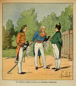 Illustrasjon av bombet Louis (1862-1927) fra boken "The Memorial of Saint Helene" av grev Emmanuel de Las Cases (1766-1842): Til St. Helene, en engelsk kaptein presenterte en løytnant for keiser Napoleon, privat samling av Louis Charles Bombled