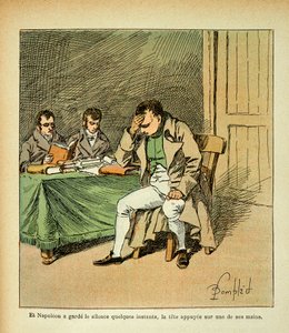 Illustrasjon av bombet Louis (1862-1927) fra boken "The memorial se Sainte Helene" av grev Emmanuel de Las Cases (1766-1842): Keiser Napoleon mediterer i reaksjonen til minnesmerkene hans, Privat samling av Louis Charles Bombled