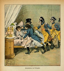 Illustrasjon av bombet Louis (1862-1927) fra boken "The memorial se Sainte Helene" av grev Emmanuel de Las Cases (1766-1842): Arrestasjon av Jean Charles Pichegru (1761-1804) 28. februar 1804, privat samling av Louis Charles Bombled