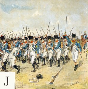 Bokstav J: Ung vakt, "Je serai soldat" (Jeg vil være en soldat) - Militært alfabet av Louis Charles Bombled
