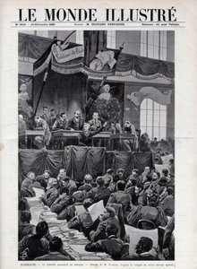 Tale av August Bebel (1840-1913) under den sosialistiske kongressen i Breslau i TYSKLAND i 1895 - Gravering i "The Illustrous World" fra 1895 - Tegning av Bombled. av Louis Charles Bombled