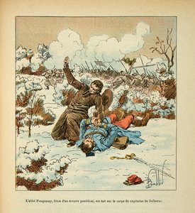 The Armee of the Loire av Eugene Sergeant, dit Grenest, illustrert av Louis Bombled (1862-1927) (fransk-tyske krig; kampanje 1870 -1871): Abbe Fouqueray, bror til en pavelig Zouave, blir drept på liket av kaptein Bellevue, privat samling av Louis Charles Bombled