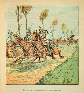 The Armee of the Loire av Eugene Sergent, kjent som Grenest, illustrert av Louis Bombled (1862-1927) (fransk-tyske krig; kampanje 1870 -1871): prøyssiske kuirassier forfulgt av freisistene i oktober 1870, privat samling av Louis Charles Bombled