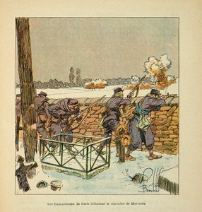 The Armee of the Loire av Eugene Sergent, kjent som Grenest, illustrert av Louis Bombled (1862-1927) (fransk-tyske krig; kampanje 1870 -1871): De franske skytterne i Paris forsvarer kirkegården i Montsort (Alencon) i januar 1871, Privat samling av Louis Charles Bombled