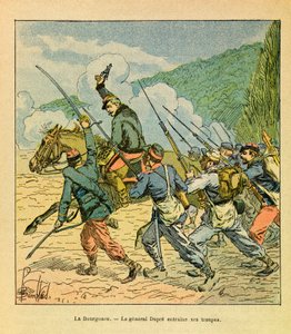 The Eastern Armee of Eugene Sergeant, dit Grenest, illustrert av Louis Bombled (1862-1927) (fransk-tyske krig; kampanje 1870-1871): General Dupre har sjefen for sine menn i slaget ved La Bourgonce i oktober 1870, Privat samling av Louis Charles Bombled