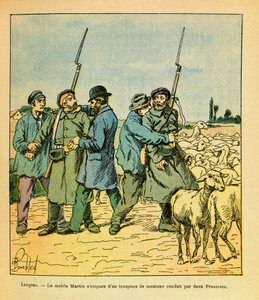 The Eastern Armee of Eugene Sergeant, dit Grenest, illustrert av Louis Bombled (1862-1927) (fransk-tyske krig; kampanje 1870 -1871): Martin-mobilen, forkledd som en bonde, grep en saueflokk ledet av to prøyssere til Langres i november 1870, Priv av Louis Charles Bombled