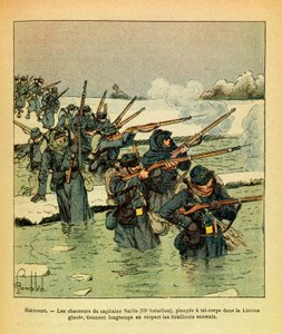 The Eastern Armee of Eugene Sergeant, kjent som Grenest, illustrert av Louis Bombled (1862-1927) (fransk-tyske krig; kampanje 1870 -1871): Januar 1871, Hericourt, jegerne til kaptein Sarda dykker halvkropp i isen Lisaine, hold lenge fiende av Louis Charles Bombled