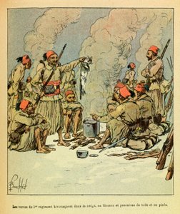 The Eastern Armee of Eugene Sergeant, kjent som Grenest, illustrert av Louis Bombled (1862-1927) (fransk-tyske krig; kampanje 1870 -1871): januar 1871, Turcos fra 1. regiment bivuaent i snøen, i bluser og bukser av lerret og bare fee av Louis Charles Bombled