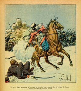 The Eastern Armee of Eugene Sergeant, kjent som Grenest, illustrert av Louis Bombled (1862-1927) (fransk-tyske krig; kampanje 1870 -1871): januar 1871 fullfører en svart rytter i tjenesten til oberst De Vezet en prøyssisk offiser såret, Samling Pa av Louis Charles Bombled