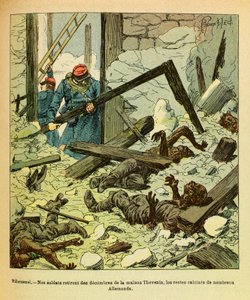 The Eastern Armee of Eugene Sergeant, kjent som Grenest, illustrert av Louis Bombled (1862-1927) (fransk-tyske krig; kampanje 1870 -1871): Januar 1871, slaget ved Villersexel, franske soldater fjerner fra et hus restene av tyske soldater, menig C av Louis Charles Bombled