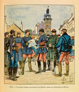 The Eastern Armee of Eugene Sergeant, kjent som Grenest, illustrert av Louis Bombled (1862-1927) (fransk-tyske krig; kampanje 1870 -1871): Slaget ved Nuits Saint Georges; General Cremer på Marche-plassen gir sine ordre om forsvar, desember 1870, Pr av Louis Charles Bombled