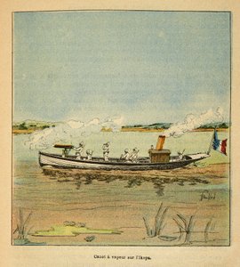 The War in Madagascar-Anecdotal History of the French Expeditions of 1885-1895 av Henri Galli dit Galllichet (1854-1922), illustrert av Louis Bombled (1862-1927): Fransk Canonniere på Ikopa-elven i Madagaskar i 1895, privat samling av Louis Charles Bombled