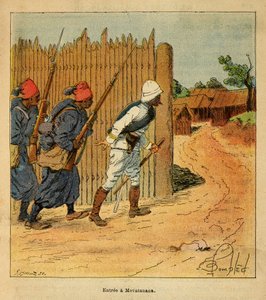 The War in Madagascar-Anecdotal History of the French Expeditions of 1885-1895 av Henri Galli dit Galllichet (1854-1922), illustrert av Louis Bombled (1862-1927): Franske tropper gikk inn i landsbyen Mevatanana i 1895, privat samling av Louis Charles Bombled