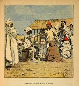 The War in Madagascar-Anecdotal History of the French Expeditions of 1885-1895 av Henri Galli dit Galllichet (1854-1922), illustrert av Louis Bombled (1862-1927): Convoyeurs Kabiles et besøk av en militærlege, Privat samling av Louis Charles Bombled