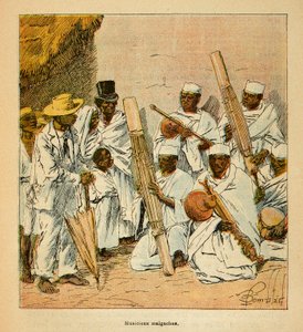 The War in Madagascar-Anecdotal History of the French Expeditions of 1885-1895 av Henri Galli dit Galllichet (1854-1922), illustrert av Louis Bombled (1862-1927): Malagasy Musicians in the 19th century, Private Collection av Louis Charles Bombled
