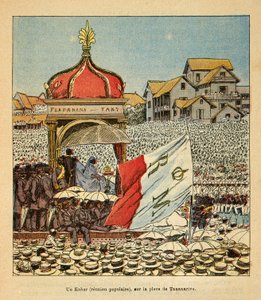 The War in Madagascar-Anecdotal History of the French Expeditions of 1885-1895 av Henri Galli dit Galllichet (1854-1922), illustrert av Louis Bombled (1862-1927): A Kabar (populært møte) på Tananarive Square på 1800-tallet i tilstedeværelsen av Qu av Louis Charles Bombled