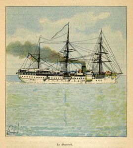 The War in Madagascar-Anecdotal History of the French Expeditions of 1885-1895 av Henri Galli dit Galllichet (1854-1922), illustrert av Louis Bombled (1862-1927): Sykehusskipet "Shamrock" på vei til Madagaskar, privat samling av Louis Charles Bombled