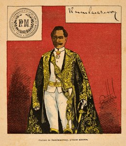 The War in Madagascar-Anecdotal History of the French Expeditions of 1885-1895 av Henri Galli dit Galllichet (1854-1922), illustrert av Louis Bombled (1862-1927): Portrett av statsminister Rainilaiarivony (1828-1896), privat samling av Louis Charles Bombled