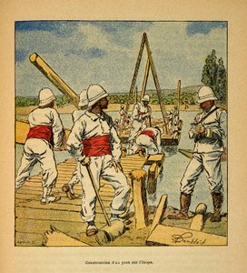 The War in Madagascar-Anecdotal History of the French Expeditions of 1885-1895 av Henri Galli dit Galllichet (1854-1922), illustrert av Louis Bombled (1862-1927): Konstruksjon av en bro av ånden på Ikopa-elven i 1895, Privat samling av Louis Charles Bombled