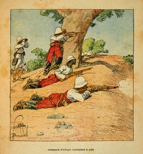 The War in Madagascar-Anecdotal History of the French Expeditions of 1885-1895 av Henri Galli dit Galllichet (1854-1922), illustrert av Louis Bombled (1862-1927): Hunters of Africa som kjemper til fots på Madagaskar i 1895, privat samling av Louis Charles Bombled