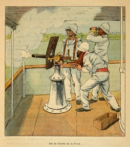 The War in Madagascar-Anecdotal History of the French Expeditions of 1885-1895 av Henri Galli dit Galllichet (1854-1922), illustrert av Louis Bombled (1862-1927): Kanonskudd på Hovas ombord på canoniere "" La Brave "" i 1895, Privat Samling av Louis Charles Bombled
