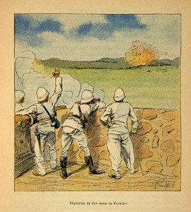 The War in Madagascar-Anecdotal History of the French Expeditions of 1885-1895 av Henri Galli dit Galllichet (1854-1922), illustrert av Louis Bombled (1862-1927): Eksplosjon av Fort Hova i Farafate i 1895, privat samling av Louis Charles Bombled
