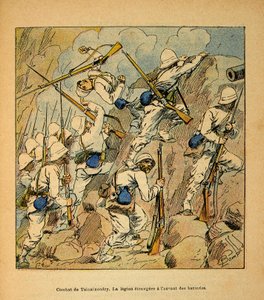 The War in Madagascar-Anecdotal History of the French Expeditions of 1885-1895 av Henri Galli dit Galllichet (1854-1922), illustrert av Louis Bombled (1862-1927): Slaget ved Tsinainondry, fremmedlegionen ved angrepet av Hovas-batteriene i 1895, Pr av Louis Charles Bombled