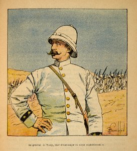 The War in Madagascar-Anecdotal History of the French Expeditions of 1885-1895 av Henri Galli dit Galllichet (1854-1922), illustrert av Louis Bombled (1862-1927): Portrett av general De Torcy (1844-1918), stabssjef av ekspedisjonsstyrken i Madag av Louis Charles Bombled