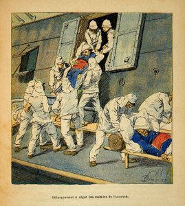 The War in Madagascar-Anecdotal History of the French Expeditions of 1885-1895 av Henri Galli dit Galllichet (1854-1922), illustrert av Louis Bombled (1862-1927): Debarking til Alger i 1895 av de syke troppene til sykehusskipet «Shamrock» fra Ma av Louis Charles Bombled