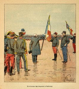 The War in Madagascar-Anecdotal History of the French Expeditions of 1885-1895 av Henri Galli dit Galllichet (1854-1922), illustrert av Louis Bombled (1862-1927): Utdeling av flagg i Sathonay til troppene som dro til Madagaskar i 1895 pres av Louis Charles Bombled