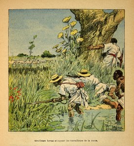 The War in Madagascar-Anecdotal History of the French Expeditions of 1885-1895 av Henri Galli dit Galllichet (1854-1922), illustrert av Louis Bombled (1862-1927): Hovas Tirailleurs angriper militærbygningen en vei i 1895, privat samling av Louis Charles Bombled