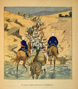 The War in Madagascar-Anecdotal History of the French Expeditions of 1885-1895 av Henri Galli dit Galllichet (1854-1922), illustrert av Louis Bombled (1862-1927): en militær konvoi på veien til Suberbieville i 1895, privat samling av Louis Charles Bombled