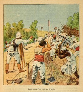 The War in Madagascar-Anecdotal History of the French Expeditions of 1885-1895 av Henri Galli dit Galllichet (1854-1922), illustrert av Louis Bombled (1862-1927): Bygging av en vei på Madagaskar av Genie i 1895, privat samling av Louis Charles Bombled
