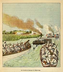 The War in Madagascar-Anecdotal History of the French Expeditions of 1885-1895 av Henri Galli dit Galllichet (1854-1922), illustrert av Louis Bombled (1862-1927): Marineinfanteriet angrep byen Marovoay i 1895, privat samling av Louis Charles Bombled