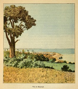 The War in Madagascar-Anecdotal History of the French Expeditions of 1885-1895 av Henri Galli dit Galllichet (1854-1922), illustrert av Louis Bombled (1862-1927): Utsikt over byen Majunga ved 1800-tallets Siecle, privat samling av Louis Charles Bombled