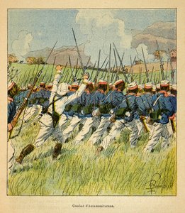The War in Madagascar-Anecdotal History of the French Expeditions of 1885-1895 av Henri Galli dit Galllichet (1854-1922), illustrert av Louis Bombled (1862-1927): Franske tropper under Antanamitarana-slagene i 1895, Privat samling av Louis Charles Bombled