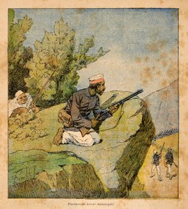 The War in Madagascar-Anecdotal History of the French Expeditions of 1885-1895 av Henri Galli dit Galllichet (1854-1922), illustrert av Louis Bombled (1862-1927): Hovas-bakholdsangrep, privat samling av Louis Charles Bombled