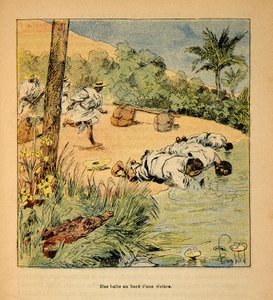 The War in Madagascar-Anecdotal History of the French Expeditions of 1885-1895 av Henri Galli dit Galllichet (1854-1922), illustrert av Louis Bombled (1862-1927): Et stopp ved elven i 1895, privat samling av Louis Charles Bombled