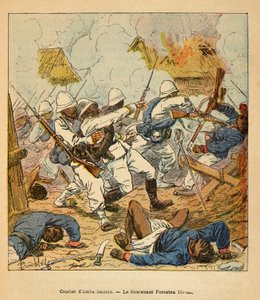 The War in Madagascar-Anecdotal History of the French Expeditions of 1885-1895 av Henri Galli dit Galllichet (1854-1922), illustrert av Louis Bombled (1862-1927): Løytnant Foreston sår under slagene ved Ambolomonty i 1895, privat samling av Louis Charles Bombled
