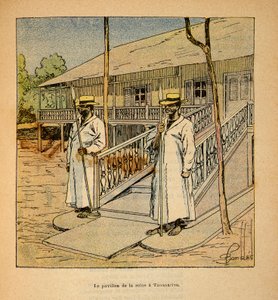 The War in Madagascar-Anecdotal History of the French Expeditions of 1885-1895 av Henri Galli dit Galllichet (1854-1922), illustrert av Louis Bombled (1862-1927): The Pavilion of Queen Ranavalona i Tananarive i 1895, privat samling av Louis Charles Bombled