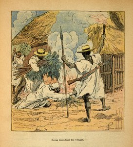 The War in Madagascar-Anecdotal History of the French Expeditions of 1885-1895 av Henri Galli dit Galllichet (1854-1922), illustrert av Louis Bombled (1862-1927): Hovas brennende landsbyer, privat samling av Louis Charles Bombled