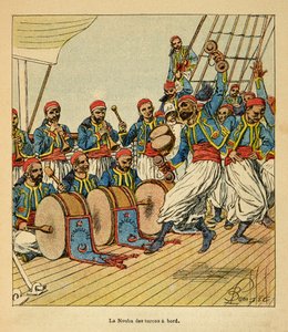 The War in Madagascar-Anecdotal History of the French Expeditions of 1885-1895 av Henri Galli dit Galllichet (1854-1922), illustrert av Louis Bombled (1862-1927): De ni tyrkerne ombord på skipet som seiler til Madagaskar, privat samling av Louis Charles Bombled