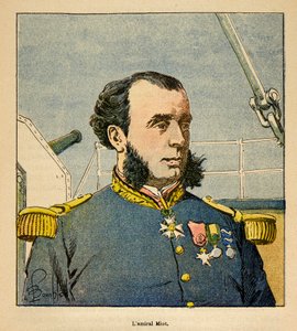 The War in Madagascar-Anecdotal History of the French Expeditions of 1885-1895 av Henri Galli dit Galllichet (1854-1922), illustrert av Louis Bombled (1862-1927): Portrett av admiral Paul Emile Miot (1827-1900), privat samling av Louis Charles Bombled
