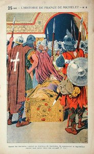 Oppdagelsen av det mumifiserte liket av keiser Justinian (483-565) under inntoget av Konstantinopel av korsfarerne i 1204, illustrasjon fra 