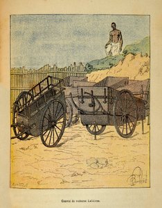 Krigen i Madagaskar-Anekdotisk historie om de franske ekspedisjonene 1885-1895 av Henri Galli dit Galllichet (1854-1922), illustrert av Louis Bombled (1862-1927): Konvoi av biler Lefebvre bruker til forsyning av tropper, Privat samling av Louis Charles Bombled