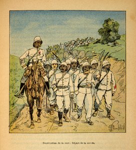 Krigen i Madagaskar-Anekdotisk historie om de franske ekspedisjonene 1885-1895 av Henri Galli dit Galllichet (1854-1922), illustrert av Louis Bombled (1862-1927): Bygging av en vei på Madagaskar, begynnelsen av korveen, Privat samling av Louis Charles Bombled